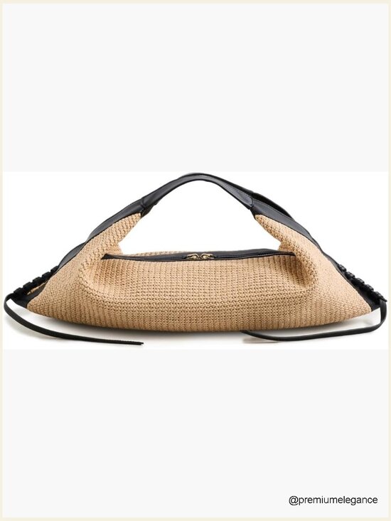 Handbags - Raffia Crossbody Bag with Crystal Accents Leather Trim Adjustable Strap